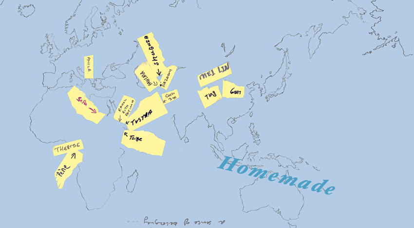 image of printed envelope - featuring pencil outline of world map and torn post it notes with womens names indicating their country of birth